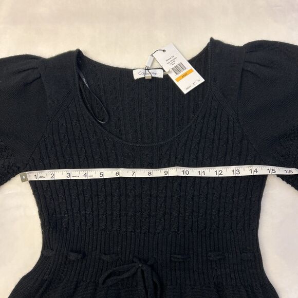 Calvin Klein Sweater Dress Wool Blend Women's Sz S Black Short Sleeve Tie Waist - Picture 3 of 7